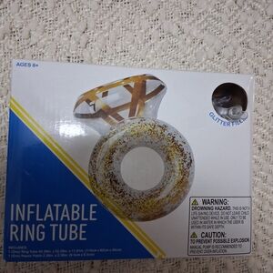 New Inflatable Glitter-Filled Ring Tube - Gold & Clear Pool Float